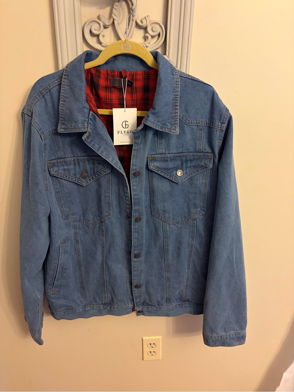 Light Blue Denim Shirt Jacket with Red Plaid Lining